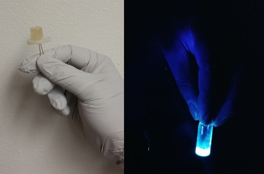 Left: A small light emitting diode fabricated from carbon dots. Right: The luminescence of carbon dots can be seen when irradiated with UV light. (Source: Prashant Sarswat/University of Utah)